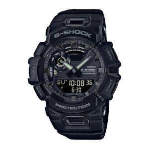 Casio G-Shock Move GBA900-1A watch, front view of a black case with a half arc gauge above a dark digital panel