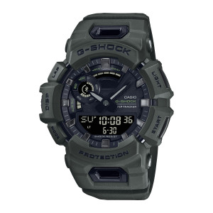 Casio G-Shock Move GBA900UU-3A watch, front view of the olive green case with large button guards and smoky black inserts
