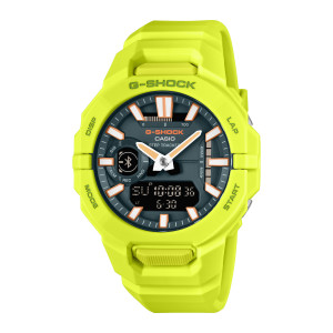 Casio G-Shock GBA950-9A3 watch, front view of a lime yellow octagonal case with a dark teal dial and white orange rimmed markers