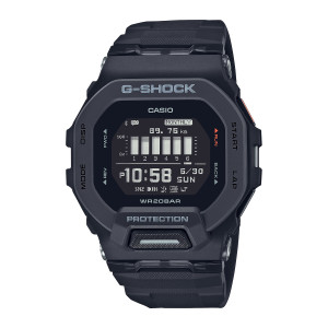 Casio G-Shock Move GBD200-1 watch, front view of the black squared case with a bar chart above the large time digits