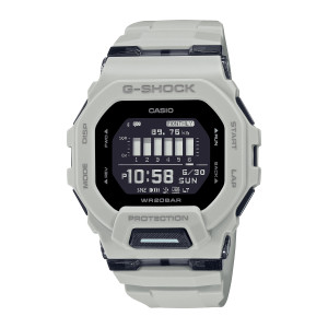 Casio G-Shock Move GBD200UU-9 watch, front view of the pale gray squared case with a black screen and smoky black edge guards