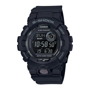 Casio G-Shock Move GBD800-1B watch, front view of an all black case with a dark display and a gray mesh window