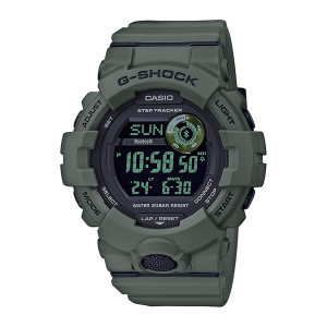 Casio G-Shock Move GBD800UC-3 watch, front view of an olive green case around a black display and a round gauge at upper right