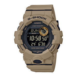 Casio G-Shock Move GBD800UC-5 watch, front view of a tan case with a gold tone round dial and cream digits