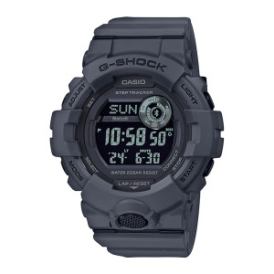 Casio G-Shock Move GBD800UC-8 watch, front view of round dark gray case, black screen with big digits and a gauge at upper right
