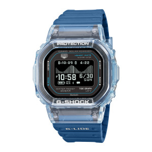 Casio G-Shock G-Lide GBXH5600-2 watch, front view of the clear blue case around a black panel with a wave graph