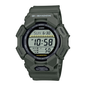 Casio G-Shock GD010-3 watch, front view of the round gray digital panel with a yellow scale bar inside olive green guards