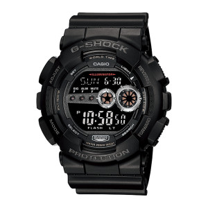 Casio G-Shock GD100-1B watch, front view of a black digital watch with two silver rimmed round indicators at the right