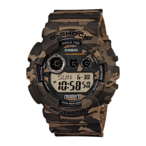 Casio G-Shock GD120CM-5 watch, front view of a camouflage digital watch with a gray panel and three round indicators