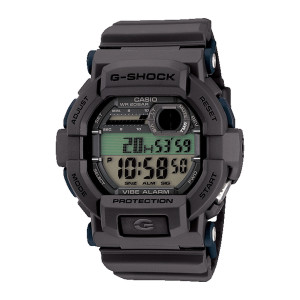 Casio G-Shock GD350-8 watch, front view of a dark gray case, pale green display and round black window at upper right
