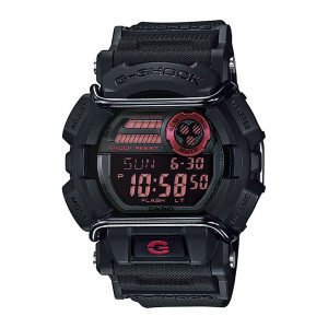 Casio G-Shock GD400-1 watch, front view of a black case with metal guard bars and a salmon-red digital display