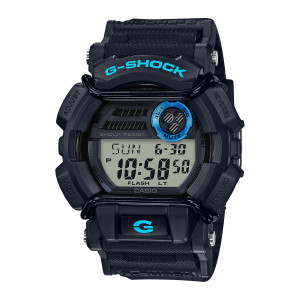 Casio G-Shock GD400-1B2 watch, front view of a black case with blue lettered covers, wire loops and a blue ringed round indicator