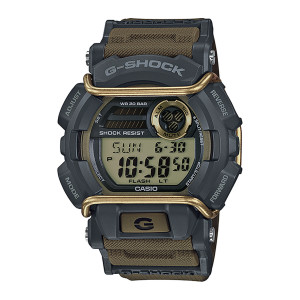 Casio G-Shock GD400-9 watch, front view of the olive digital panel with gold tone wire bars across dark gray guards