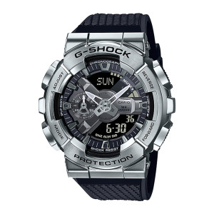 Casio G-Shock G-Steel GM110-1A watch, front view of faceted silver tone guards around a black dial with chunky gray hands