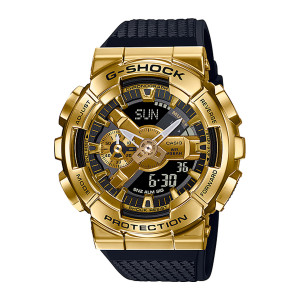 Casio G-Shock G-Steel GM110G-1A9 watch, front view of the polished gold tone case with a black dial and gold tone wedge markers
