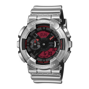 Casio G-Shock GM110YRA-8A watch, front view of the mirror polished silver tone bezel around a black and deep red dial