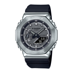 Casio G-Shock G-Steel GM2100-1A watch, front view of a brushed silver tone octagonal bezel around a gray dial and black digital panel