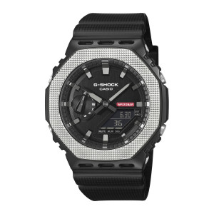 Casio G-Shock G-Steel GM2100BM-1A watch, front view of the octagonal black case, studded silver tone bezel and slots above and below