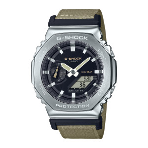 Casio G-Shock G-Steel GM2100C-5A watch, front view of the brushed silver tone octagonal case, black dial, pale khaki hands and woven cloth band