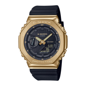 Casio G-Shock G-Steel GM2100G-1A9 watch, front view of an octagonal gold tone case with a black dial and a small left sub dial