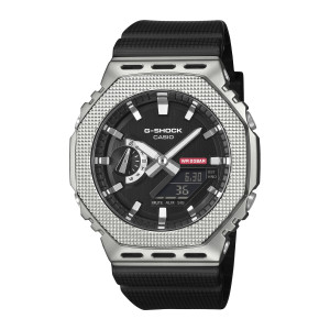 Casio G-Shock G-Steel GM2100M-1A watch, front view of the octagonal silver tone case, studded bezel and three slots above and below