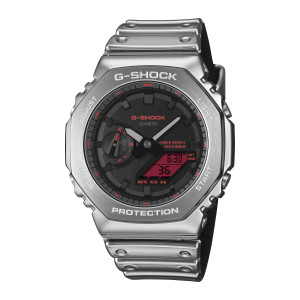 Casio G-Shock GM2100YRA-8A watch, front view of the eight-sided silver tone bezel, black dial, pale hands and red digital panel
