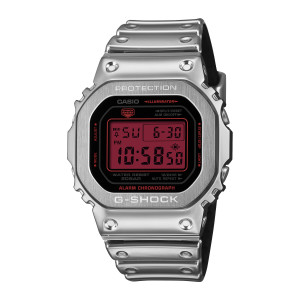 Casio G-Shock GM5600YRA-8 watch, front view of the brushed silver tone bezel around a red display with a black frame