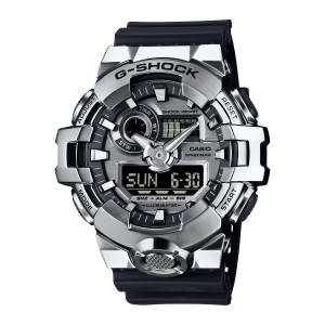 Casio G-Shock G-Steel GM700-1A watch, front view of the polished silver tone armor, black ring and wide black lower panel