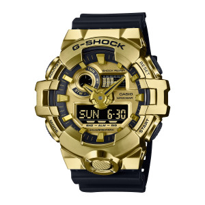Casio G-Shock G-Steel GM700G-9A watch, front view of the gold tone armor, black ring and wide black lower panel