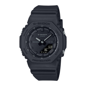 Casio G-Shock GMAP2100BB-1A watch, front view of the black octagon, raised black markers and small panel at the lower right