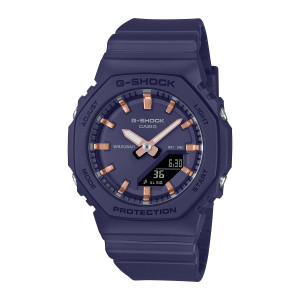 Casio G-Shock GMAP2100M-2A watch, front view of the navy octagonal case, rose tone markers and small black panel