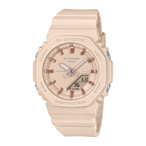 Casio G-Shock GMAP2100M-4A watch, front view of a peach octagonal case with copper-tone markers and a digital panel