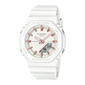 Casio G-Shock GMAP2100M-7A watch, front view of the cream dial with copper pink markers and a gray digital panel at lower right
