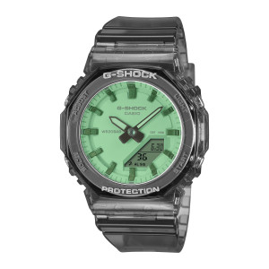Casio G-Shock GMAP2100SR-1A watch, front view of a mint green dial inside a translucent gray octagonal bezel with white lettering