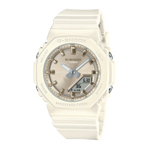 Casio G-Shock GMAP2100ST-7A watch, front view of the cream octagon, champagne dial and gold tone bar markers
