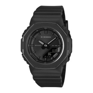 Casio G-Shock GMAP2110B-1A watch, front view of a black octagonal watch with a silver edge ring and a digital window low right