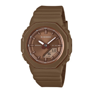 Casio G-Shock GMAP2110B-5A watch, front view of an octagonal brown case, copper tone ring and white hands