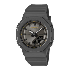 Casio G-Shock GMAP2126W-8A watch, front view of the charcoal octagonal case with a taupe dial and tan accent ticks