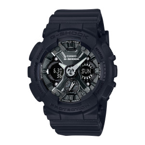 Casio G-Shock GMAS120MF-1A watch, front view of the all black case, angled gray dial panels, silver hands and three small windows