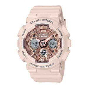 Casio G-Shock GMAS120MF-4A watch, front view of a blush pink case around a rose copper faceted dial with pink hands