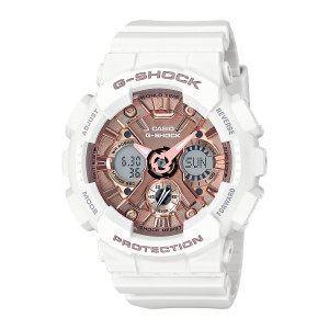 Casio G-Shock GMAS120MF-7A2 watch, front view of a white case around a rose copper dial with mauve lettering on the bezel