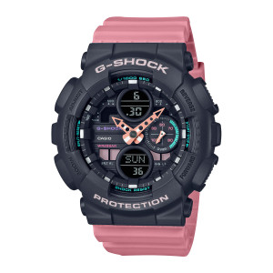 Casio G-Shock GMAS140-4A watch, front view of the black case, peach hands, two round digital windows and teal ringed sub dial