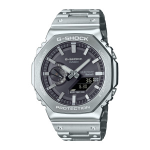 Casio G-Shock Full Metal GMB2100SD-1A watch, front view of a brushed octagonal bezel around a dark gray dial with bar markers