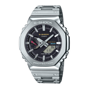 Casio G-Shock Full Metal GMB2100SD-1C watch, front view of the all silver tone octagonal case, black dial and flat link bracelet with screw heads