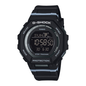 Casio G-Shock Move GMDB300-1 watch, front view of a black octagonal case with a round dark display and pale stripes