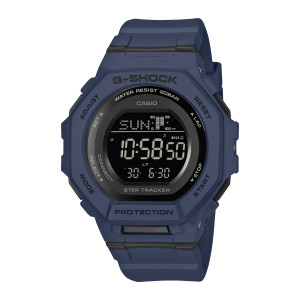 Casio G-Shock Move GMDB300-2 watch, front view of a navy octagonal case around a round black screen with pale gray digits