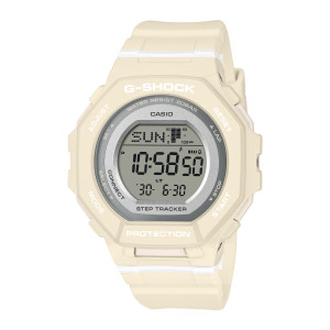 Casio G-Shock Move GMDB300-7 watch, front view of a cream octagonal case with white lettering and a silver tone ring around the display
