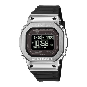 Casio G-Shock Move GMH5600-1 watch, front view of the brushed silver tone case with cut corners, four screws and a black display