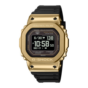 Casio G-Shock Move GMH5600-9 watch, front view of a brushed gold tone square case with four dark screw holes and a black display