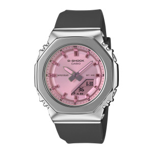 Casio G-Shock GMS2110SR-1A watch, front view of a pink dial with faceted markers in a silver tone octagonal bezel